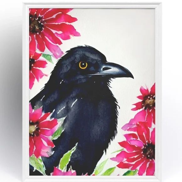 Wall Art Watercolor Floral Raven Crow Illustration Print Poster Card Unframed - Picture 2 of 5